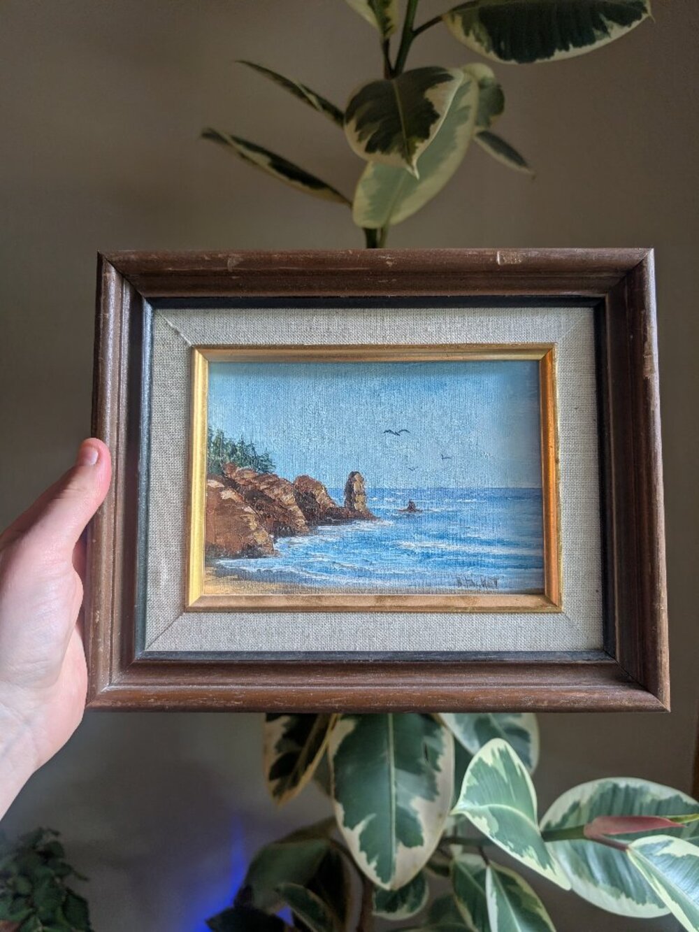 Original Small Oil Painting Ocean Landscape Seascape Signed and Wood Framed